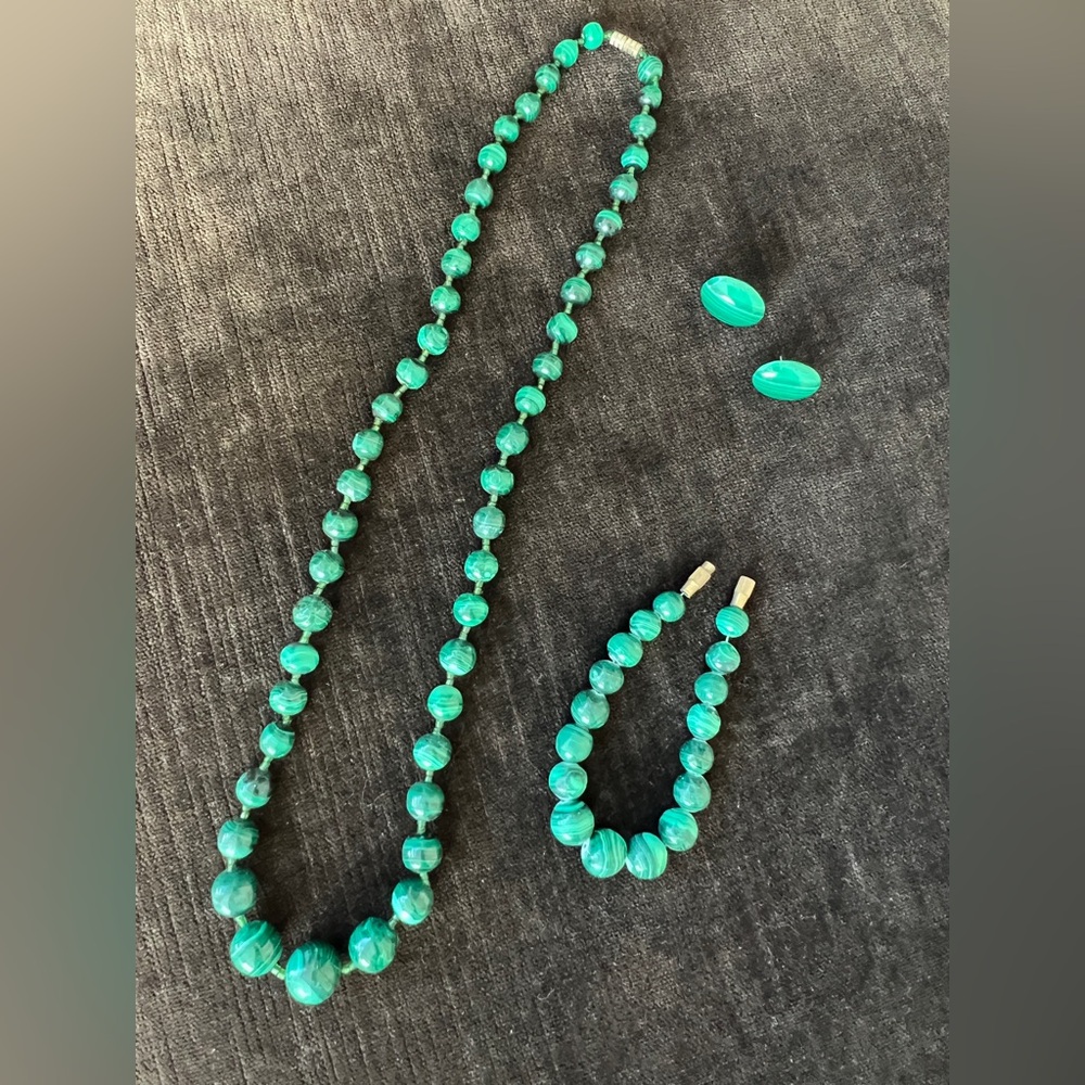 Vintage green malachite bead necklace bracelet earring set barrel clasp VTG nice